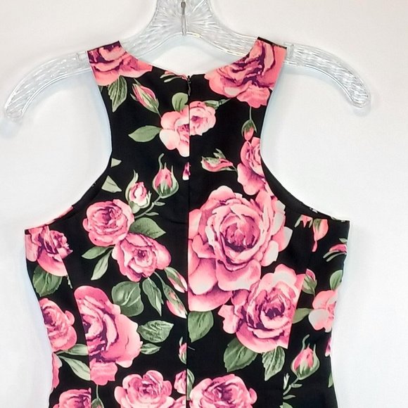 NOOKIE WMNS Sz 4 Neon Pink Accent Rose Floral High Neck Sheath Mini Dress, Lined - Picture 5 of 12